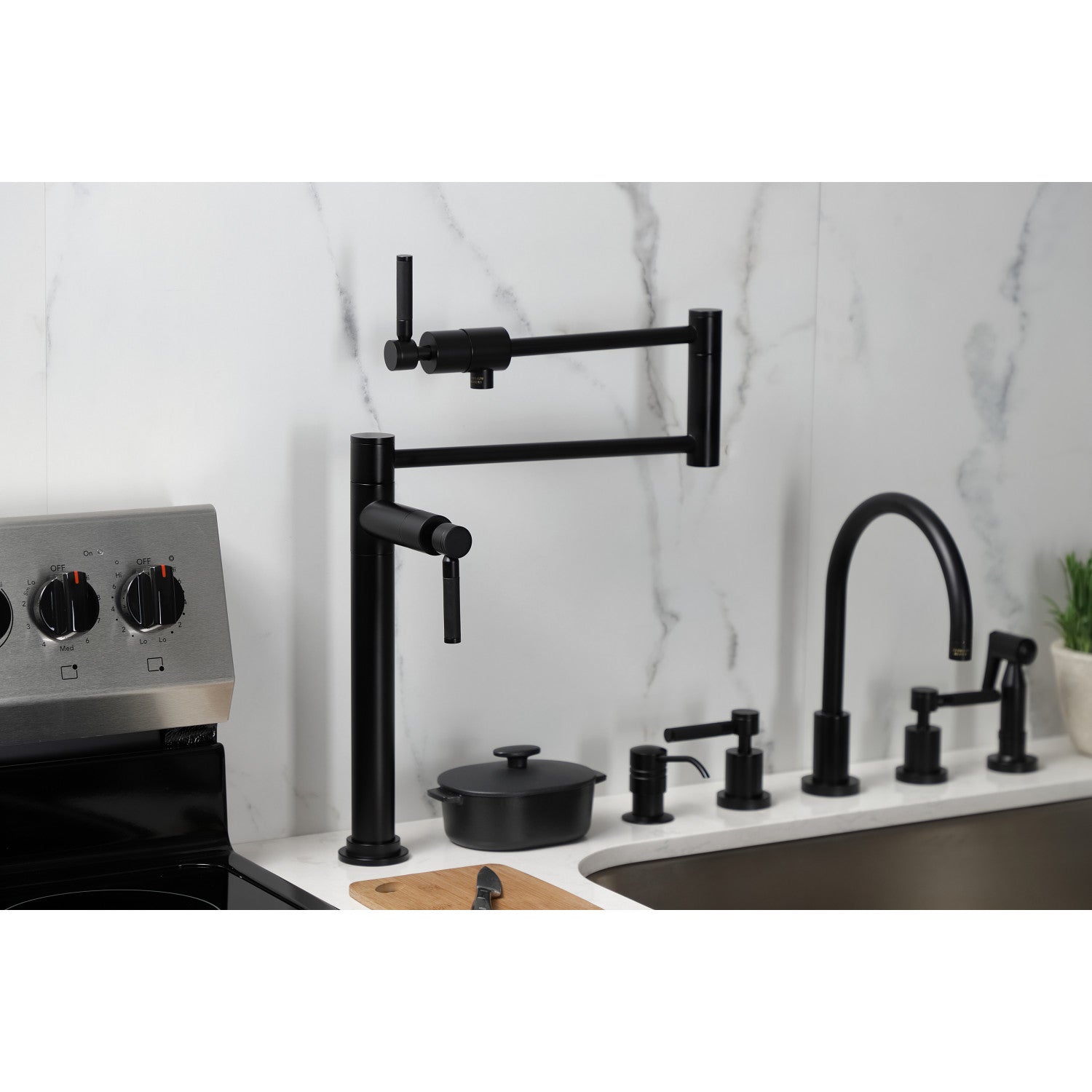 Kingston Sona KS4700DKL - Kaiser Two-Handle 1-Hole Deck Mount Pot Filler Faucet, Matte Black — thumbnail 3